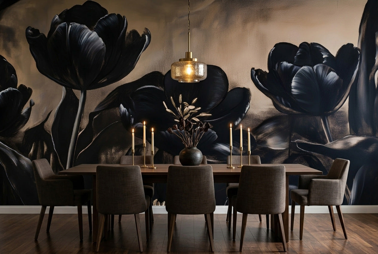 Moody black floral tulip wall mural in an elegant dining room with a dark walnut table and brass candleholders