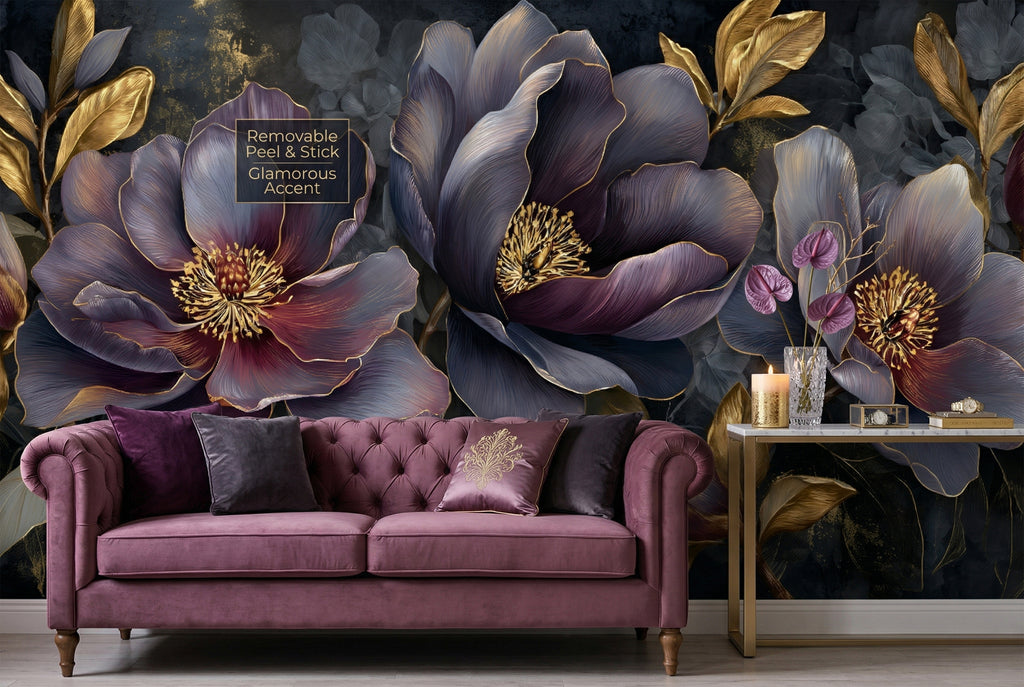 Moody dark floral peel and stick wallpaper in an elegant dining room