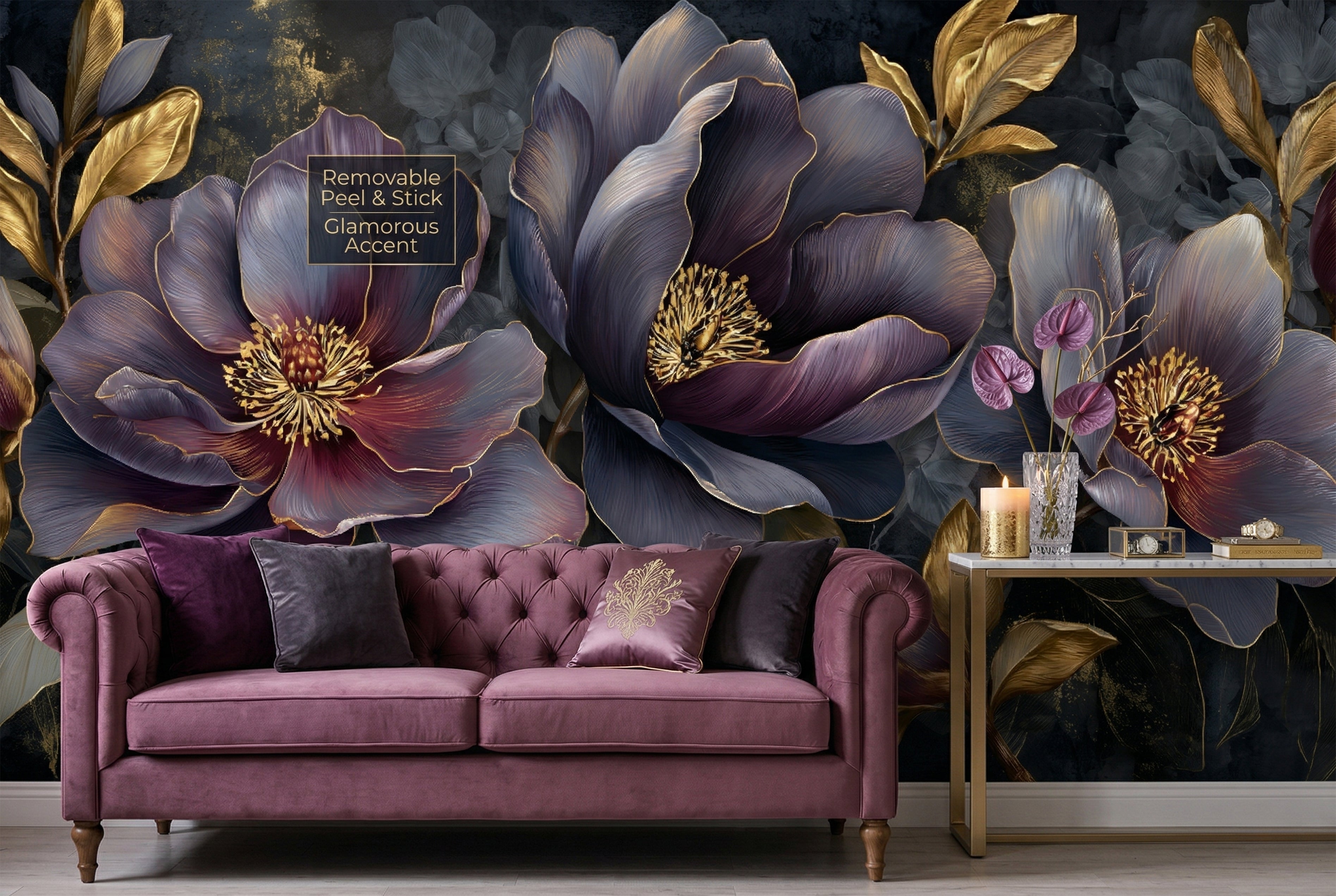 Moody dark floral peel and stick wallpaper in an elegant dining room