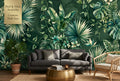 Moody dark tropical rainforest wall mural with watercolor monstera and palm leaves