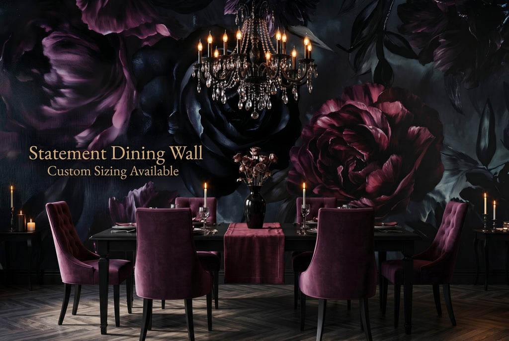Moody gothic dark floral wallpaper mural in a dramatic dining room with black table and candlelit atmosphere