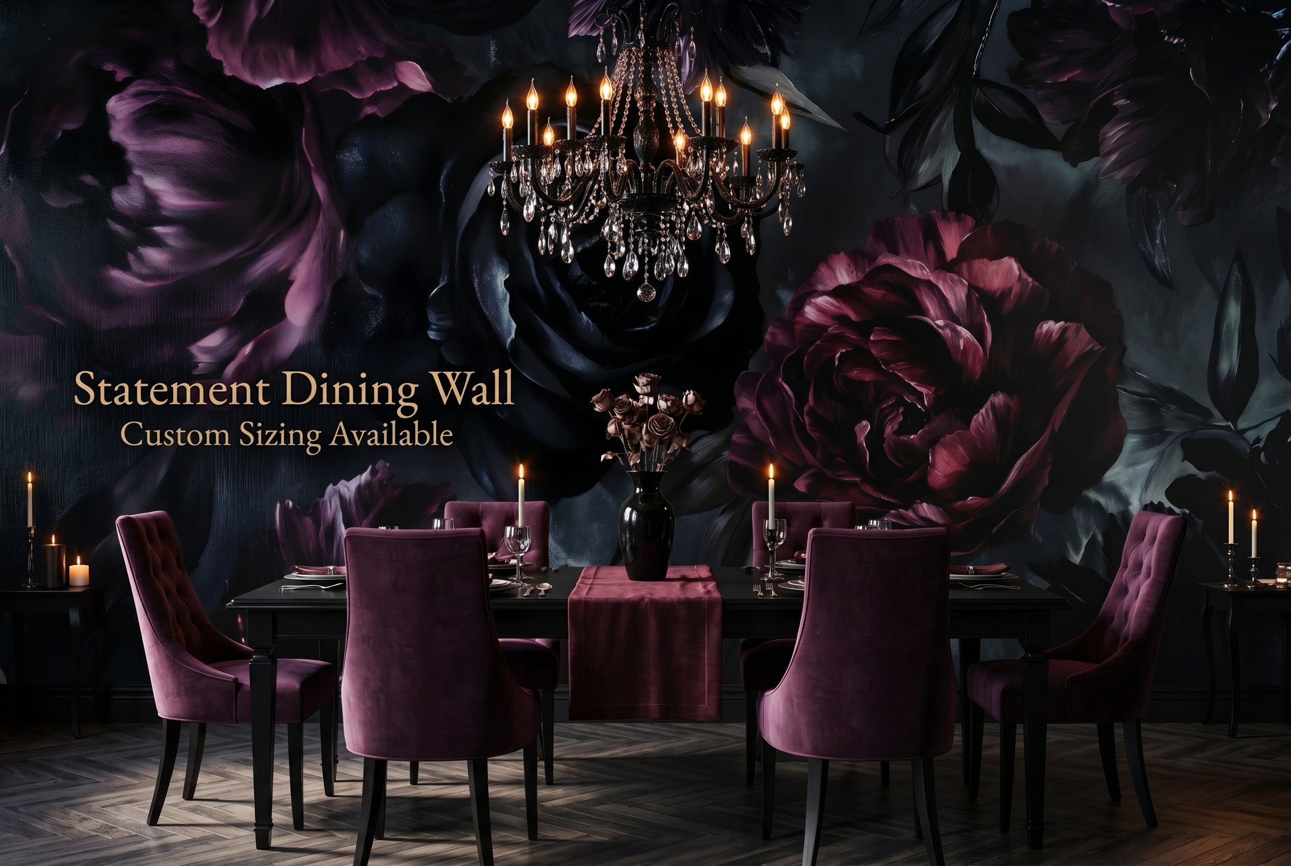 Moody gothic dark floral wallpaper mural in a dramatic dining room with black table and candlelit atmosphere