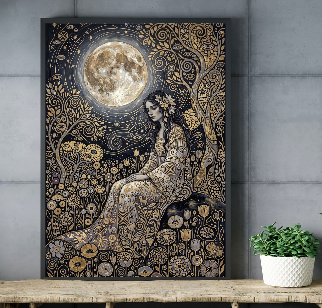 Art Nouveau golden moon and floral garden wall decor hanging in a moody, elegant bedroom