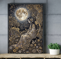Art Nouveau golden moon and floral garden wall decor hanging in a moody, elegant bedroom