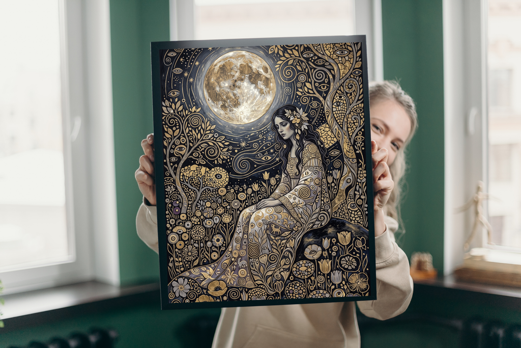 Ethereal Gustav Klimt inspired night sky portrait styling a serene meditation space