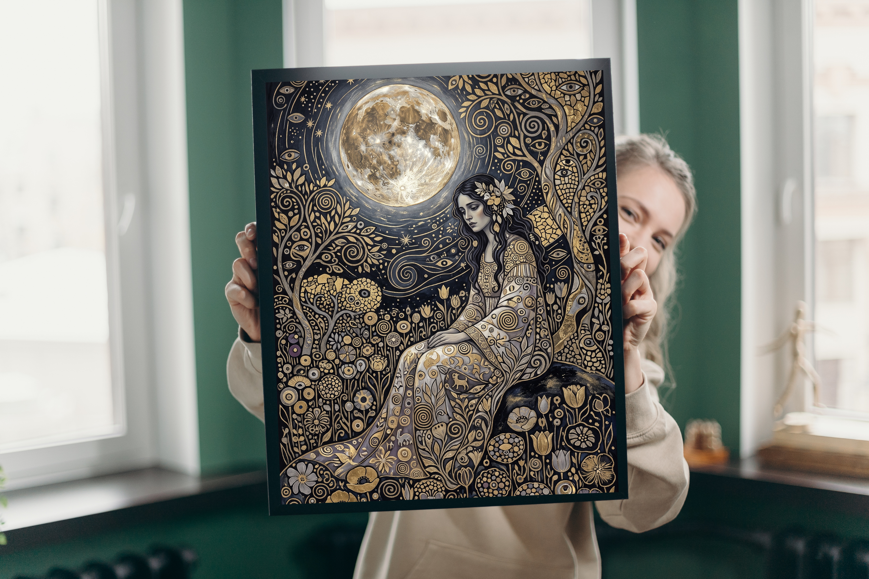 Ethereal Gustav Klimt inspired night sky portrait styling a serene meditation space