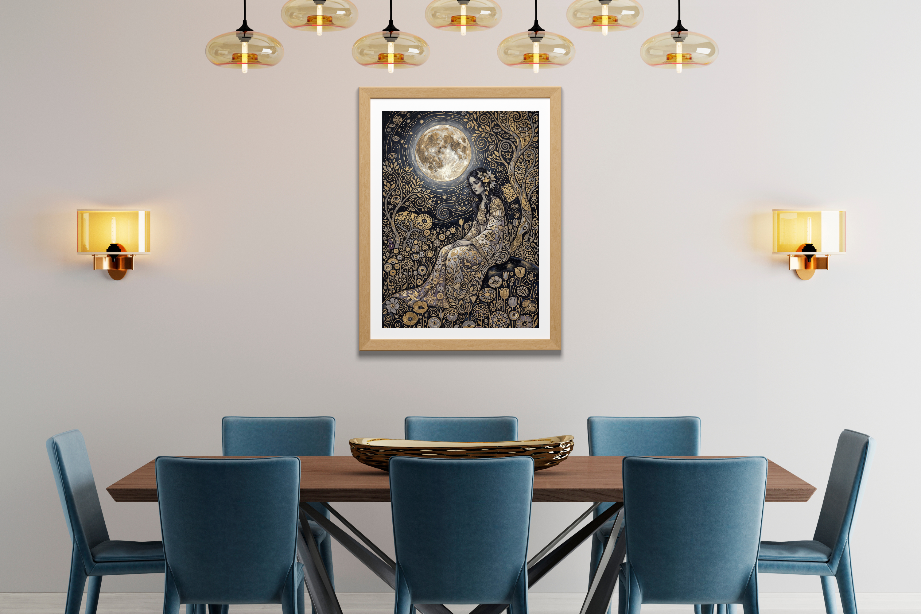 Enchanted dark academia female portrait print adding magic to a cozy vintage reading corner