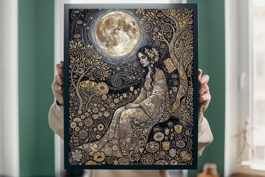Detail view showing the intricate golden swirls, floral patterns, and glowing full moon of the celestial art