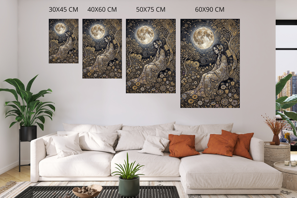 Mystical moon maiden celestial canvas print displayed above a dark bohemian velvet sofa