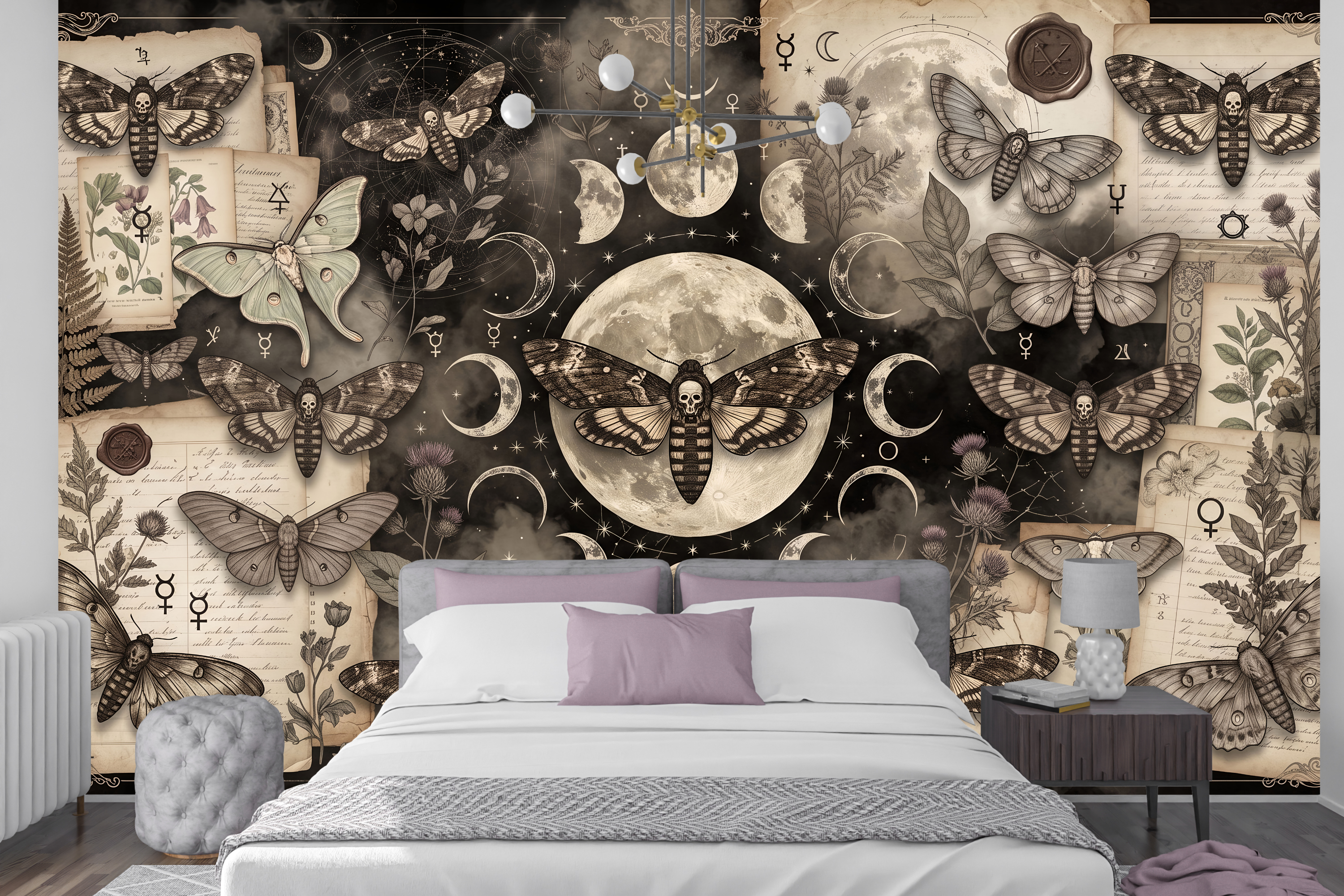 Witchy celestial and botanical manuscript peel and stick wallpaper behind a dark velvet bed