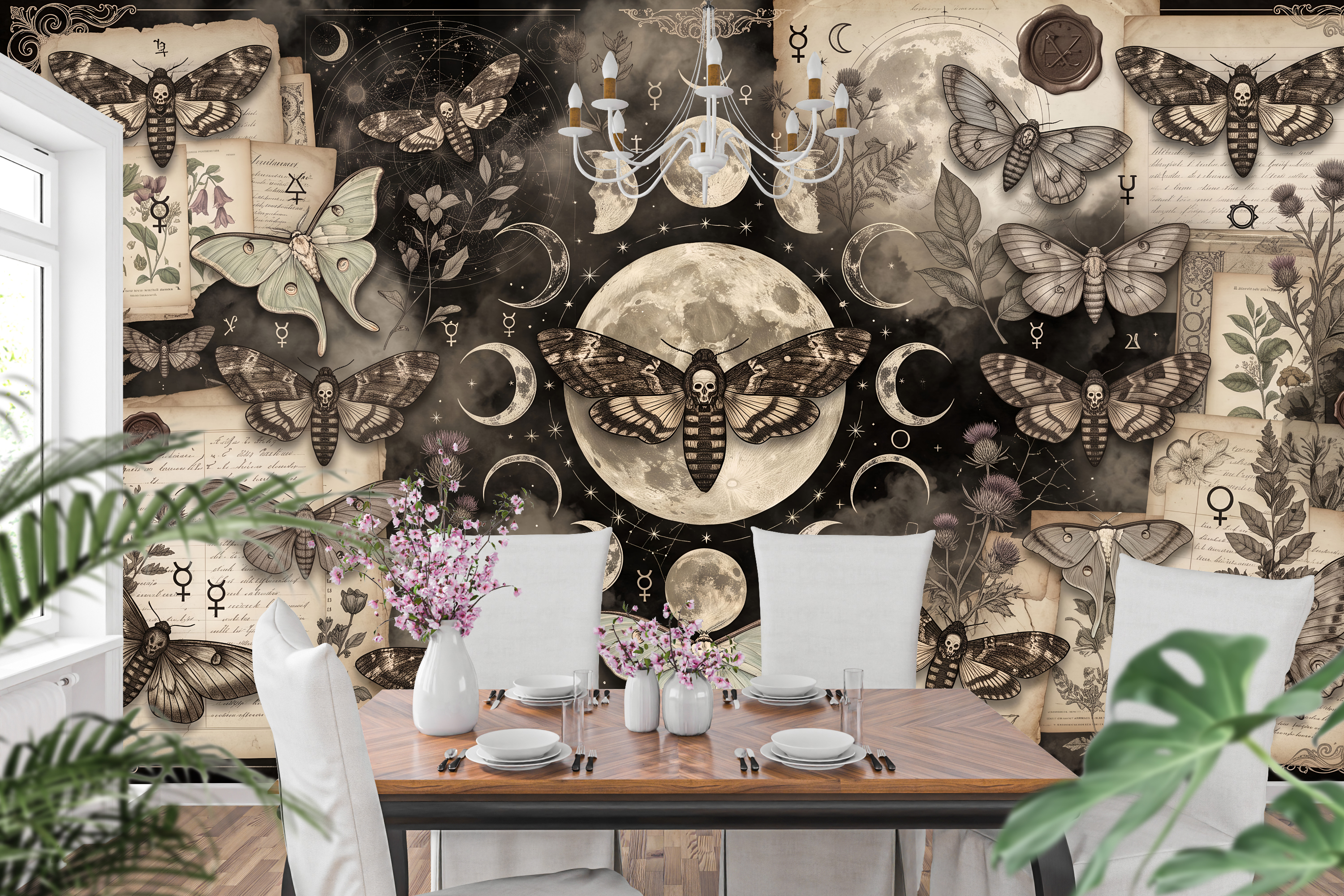 Mystical Moth & Moon Phase Wall Mural Dark Academia Gothic Collage Wallpaper