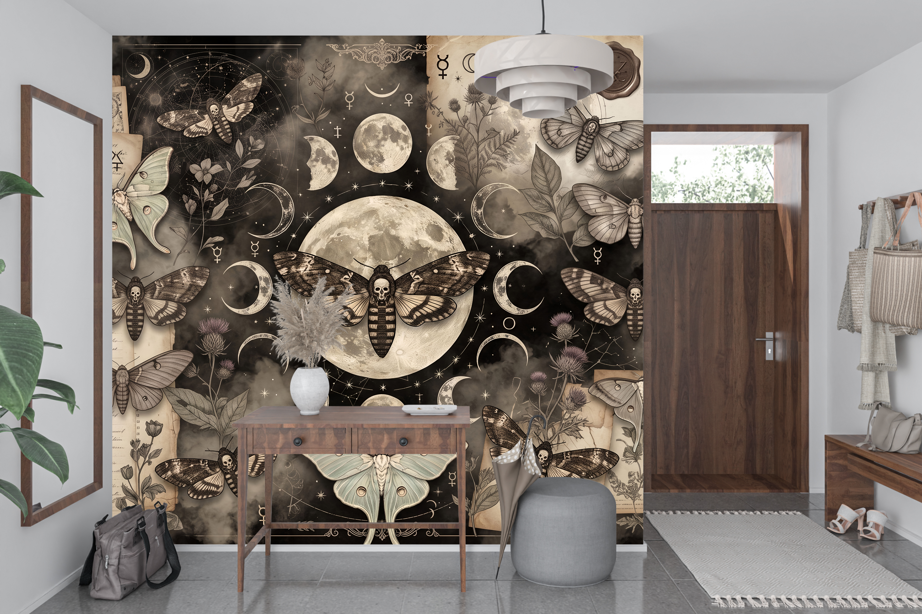 Mystical Moth & Moon Phase Wall Mural Dark Academia Gothic Collage Wallpaper