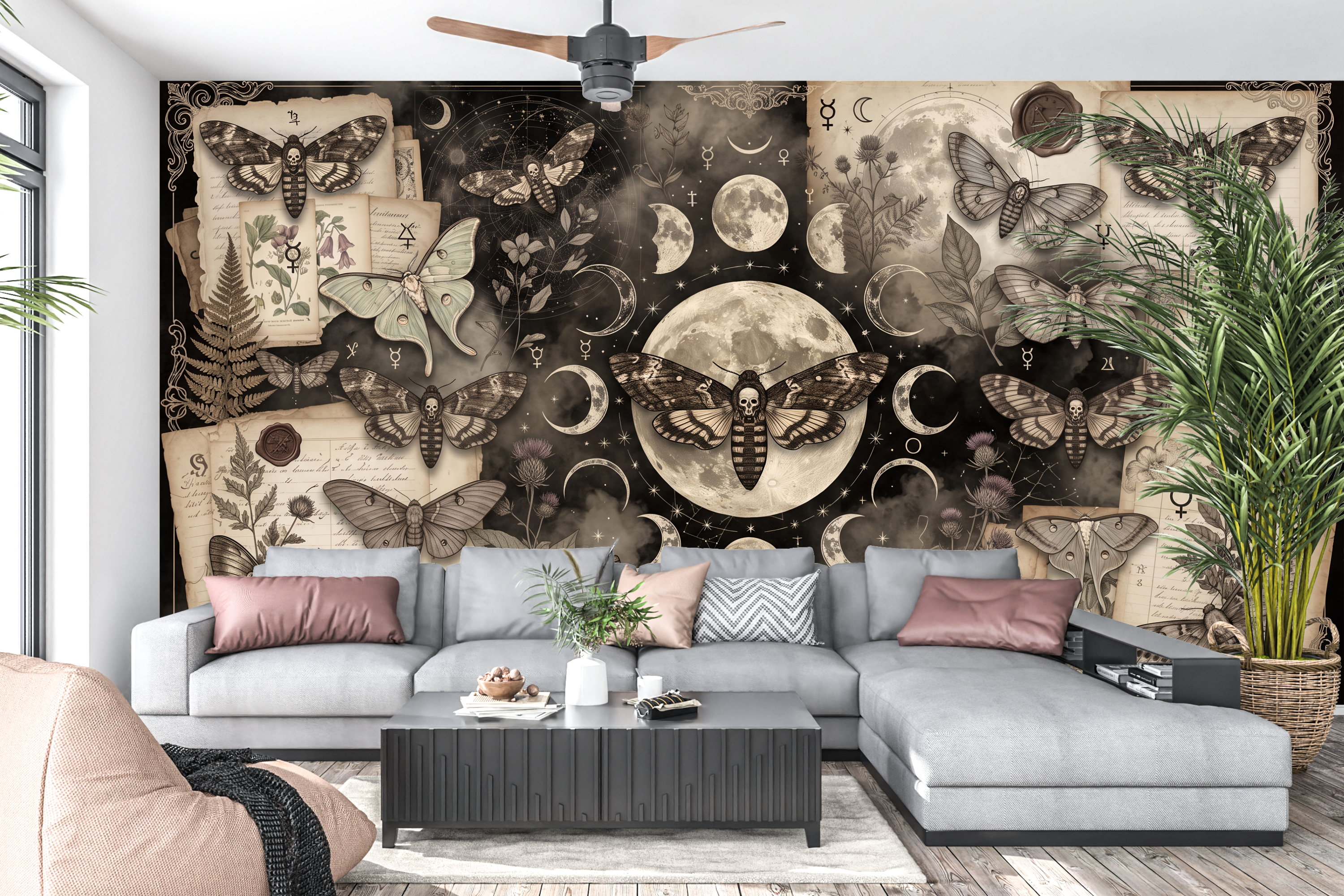 Mystical vintage moth and moon phase mural in a dark academia living room
