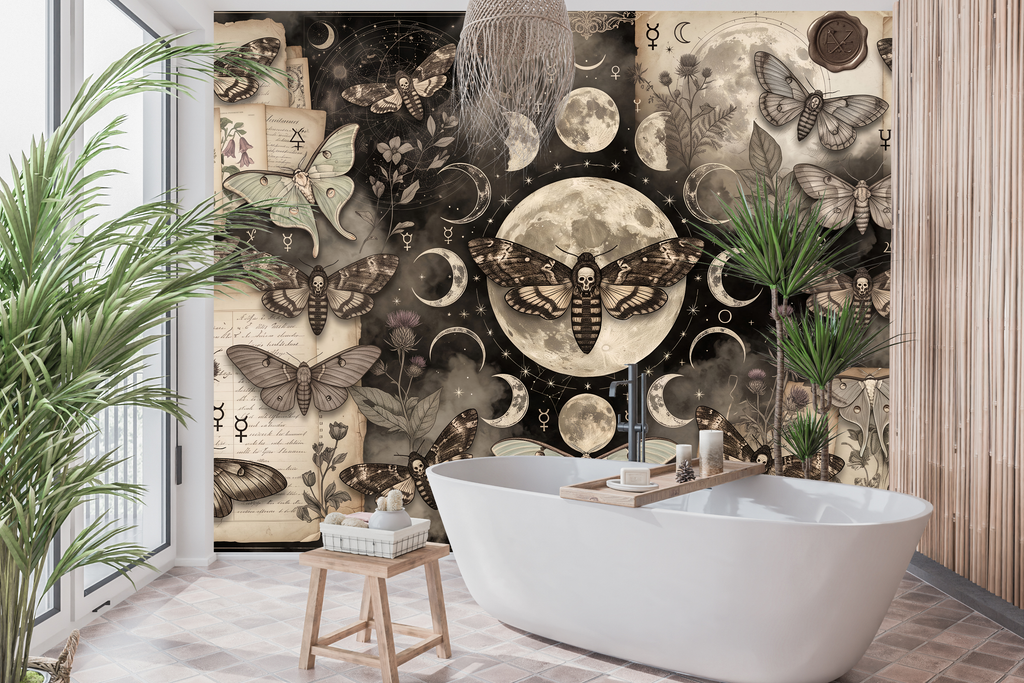 Waterproof vinyl dark magical moth wallpaper applied in a moody powder room
