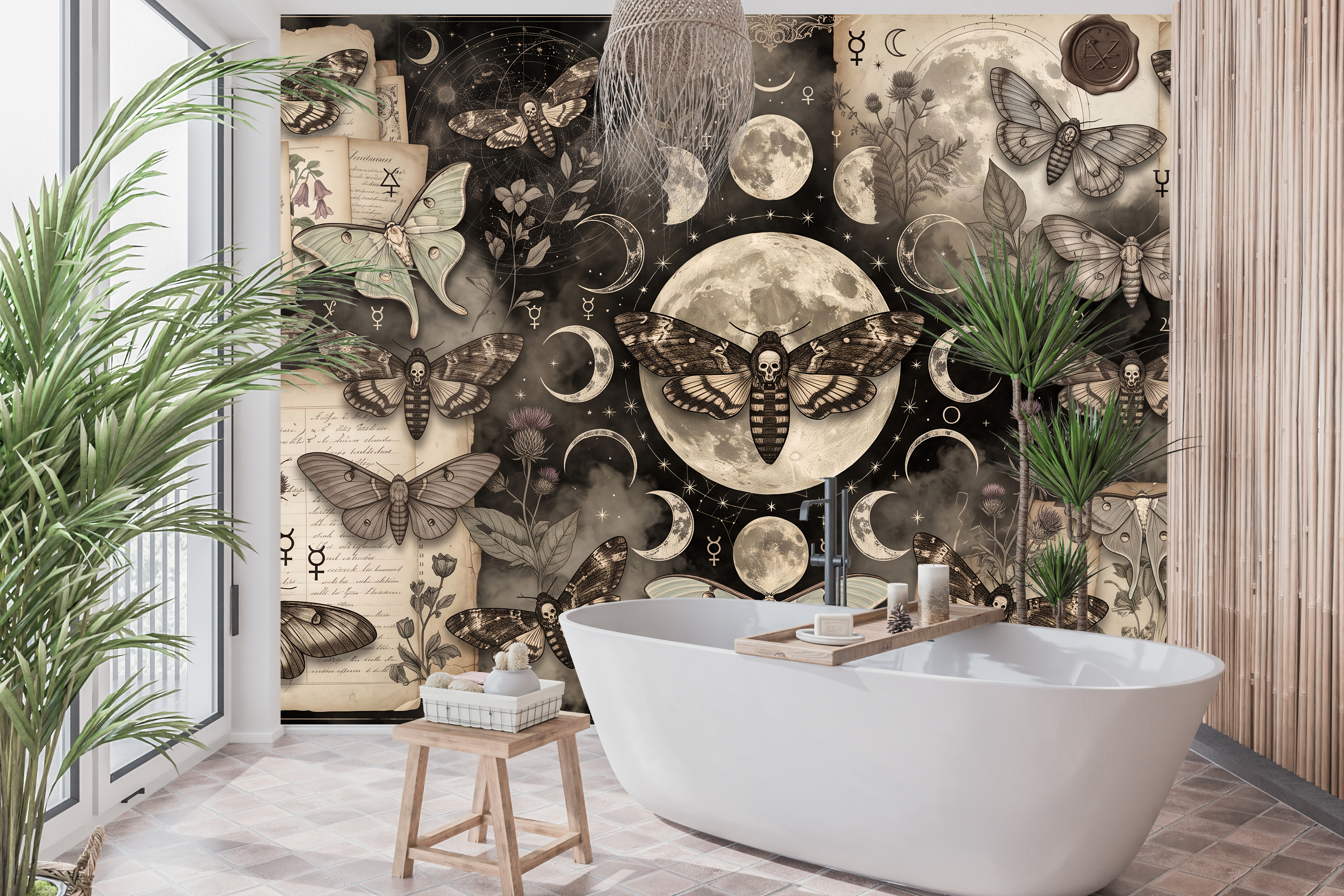 Waterproof vinyl dark magical moth wallpaper applied in a moody powder room