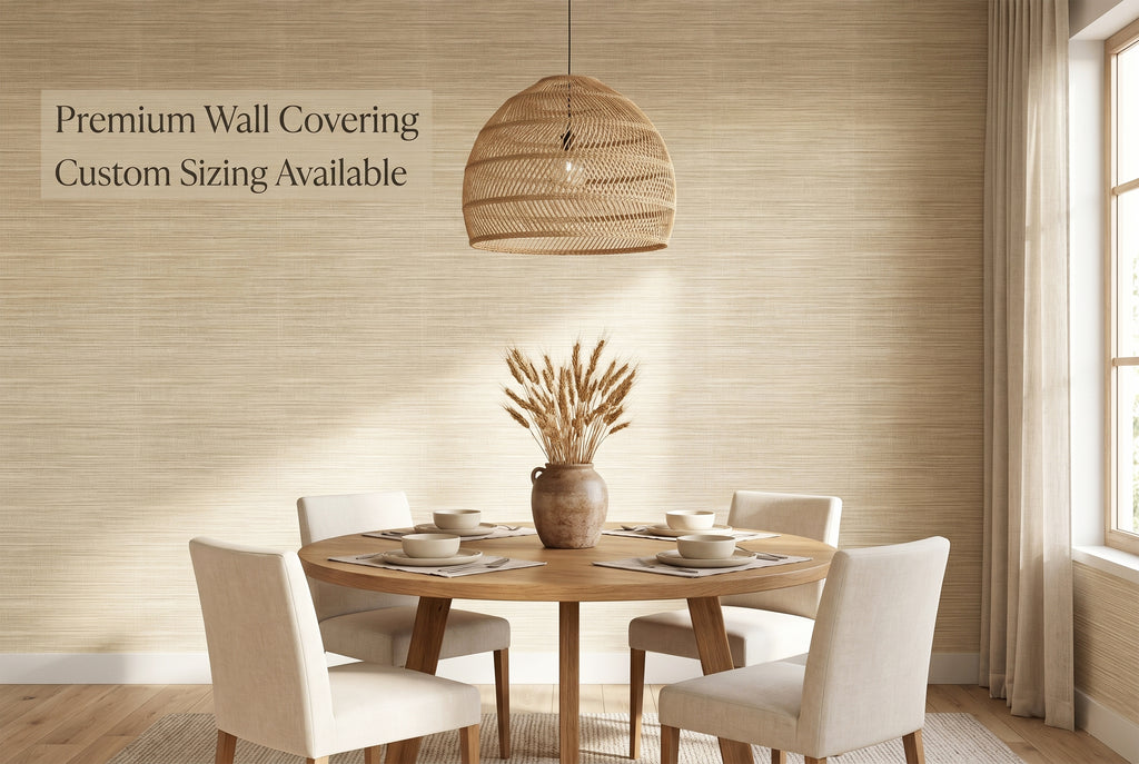 Natural grasscloth texture peel and stick wallpaper in a modern dining room