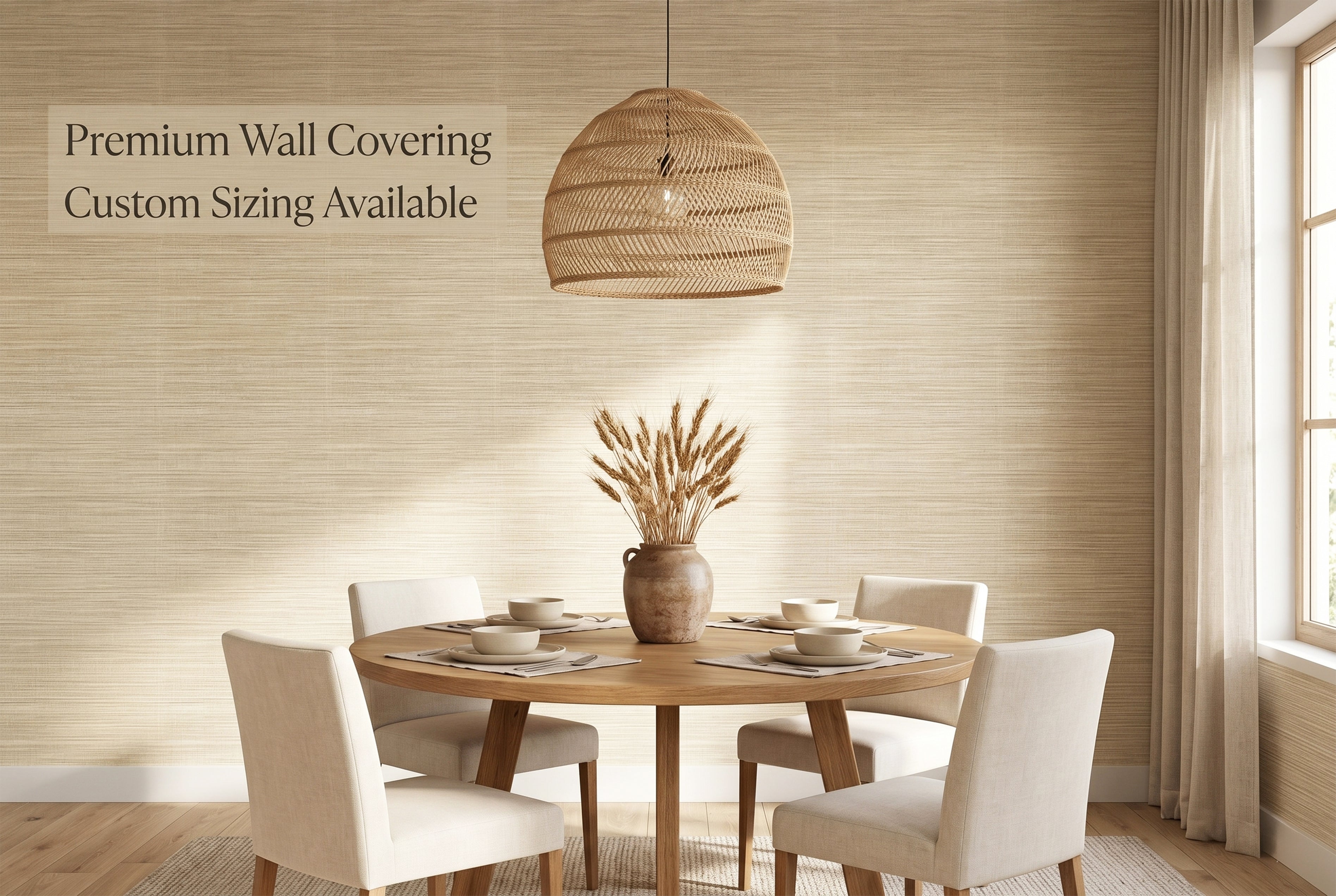 Natural grasscloth texture peel and stick wallpaper in a modern dining room