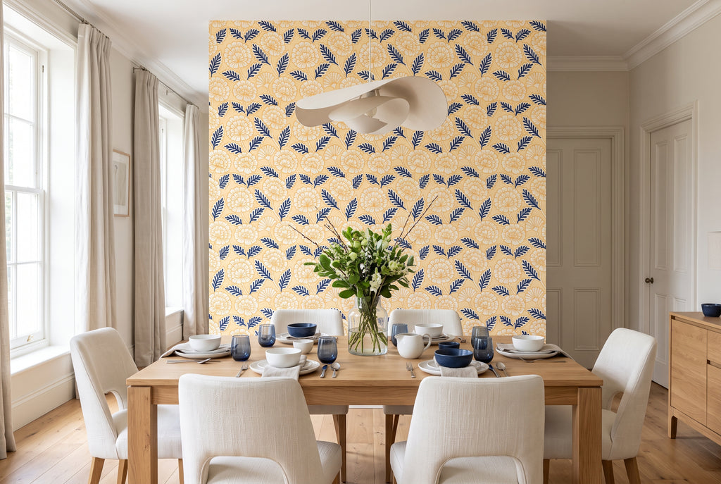 Repeating botanical wallpaper pattern with navy foliage and golden yellow outlines