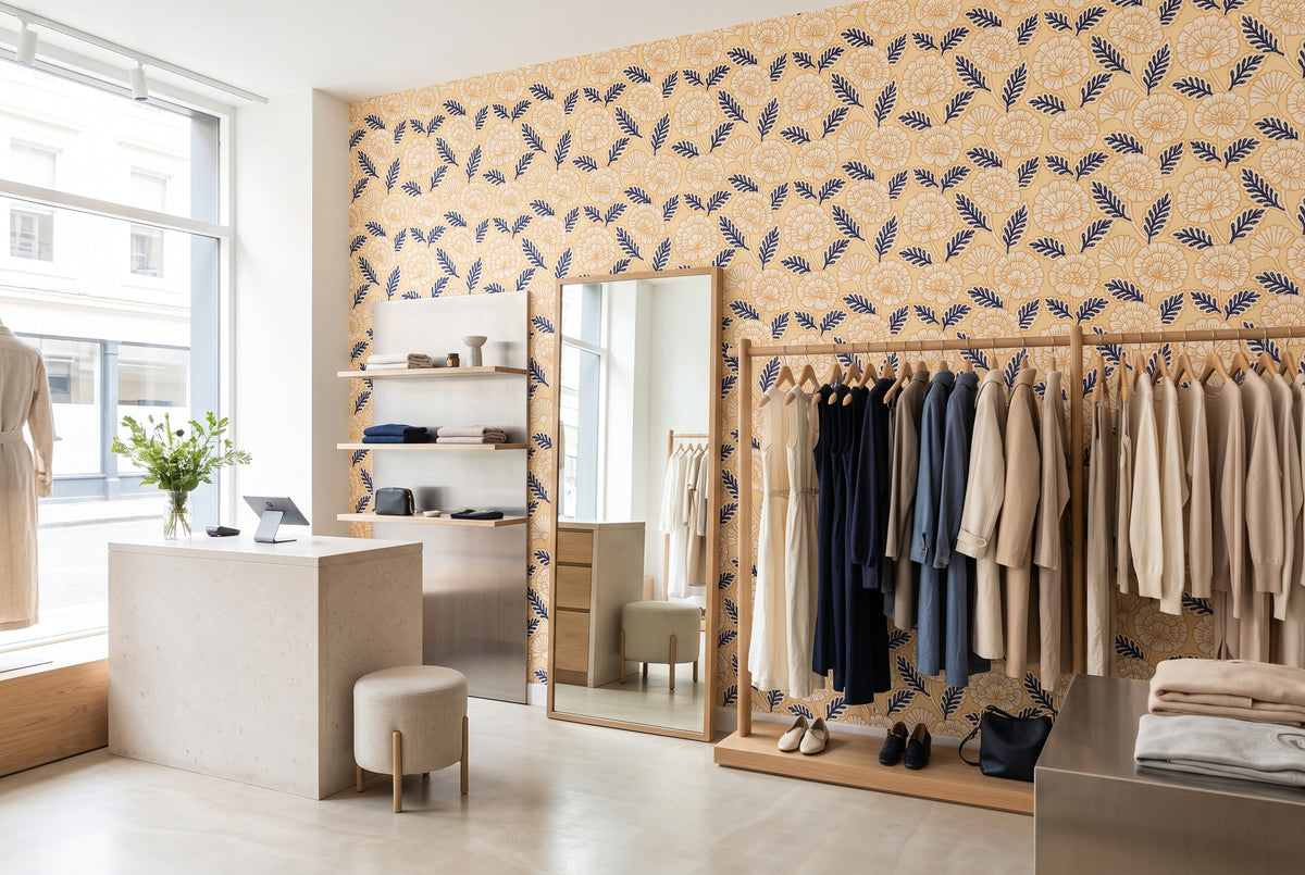 1. Graphic floral wallpaper pattern in navy blue, golden yellow and warm cream