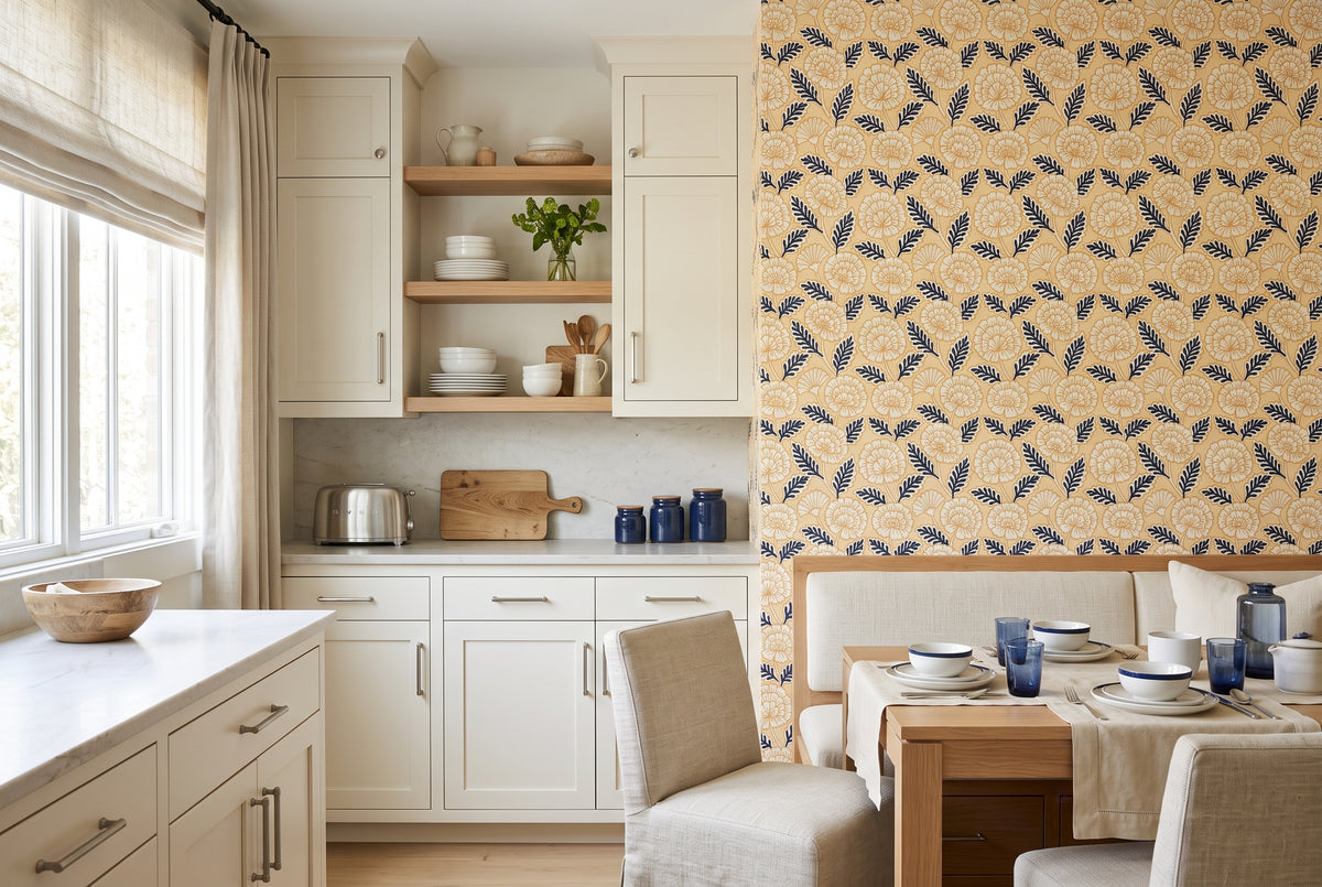 Modern floral wallpaper featuring cream blooms on a buttery yellow background