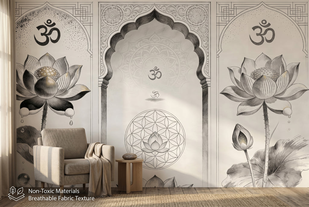 Om lotus mandala triptych wall mural in a serene yoga and meditation room