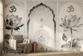 Om lotus mandala triptych wall mural in a serene yoga and meditation room
