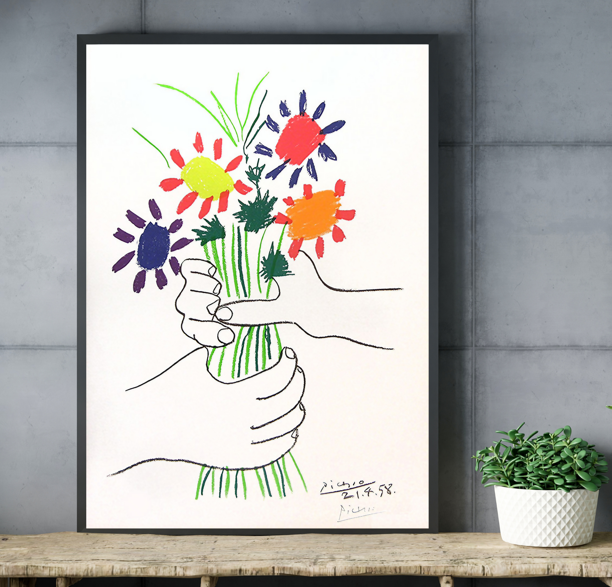 Pablo Picasso The Flowers of Peace canvas print in a bright mid-century modern living room