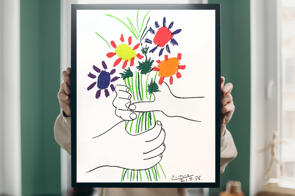 Detail view showing the vibrant colored petals and classic Picasso signature on the print