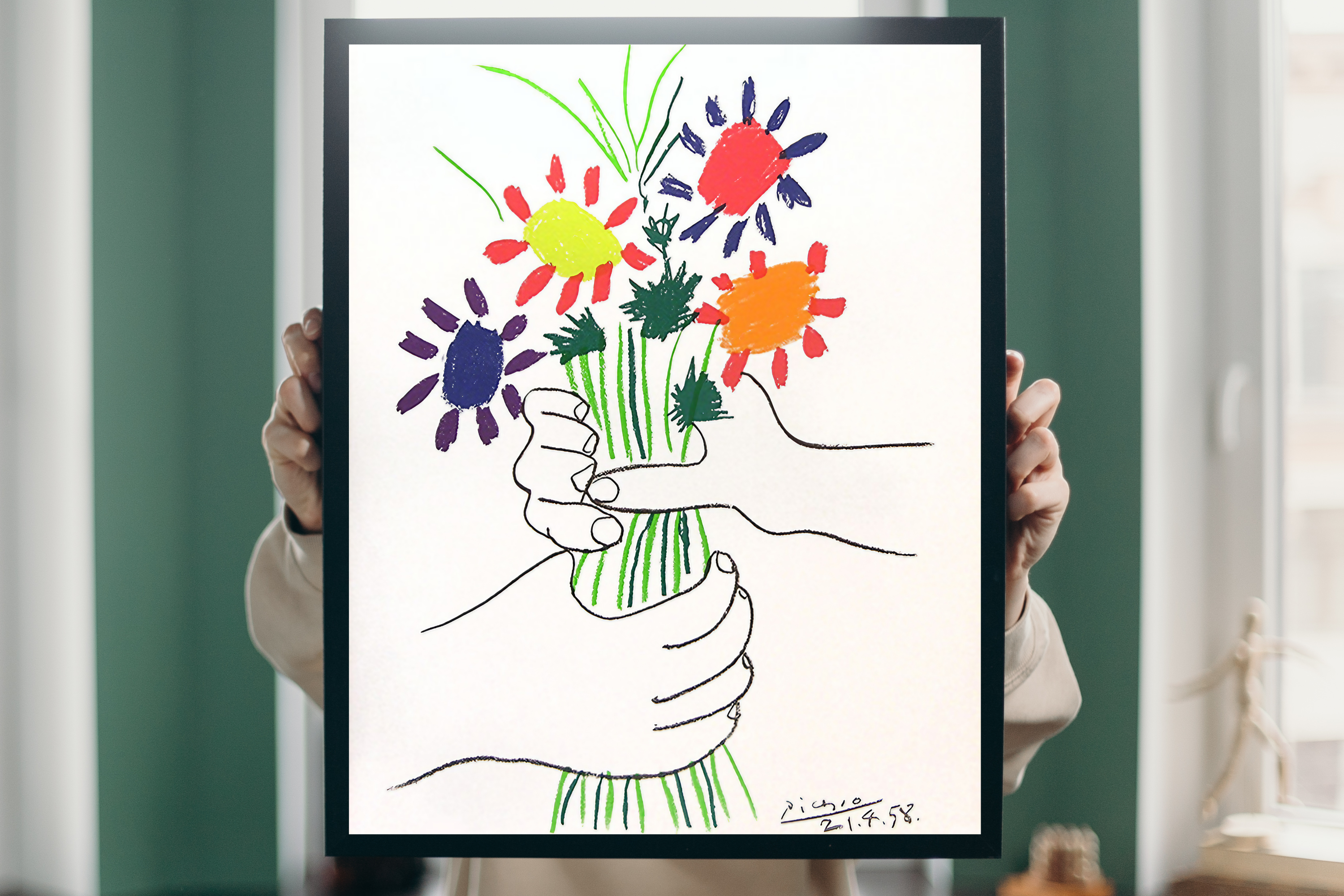 Detail view showing the vibrant colored petals and classic Picasso signature on the print