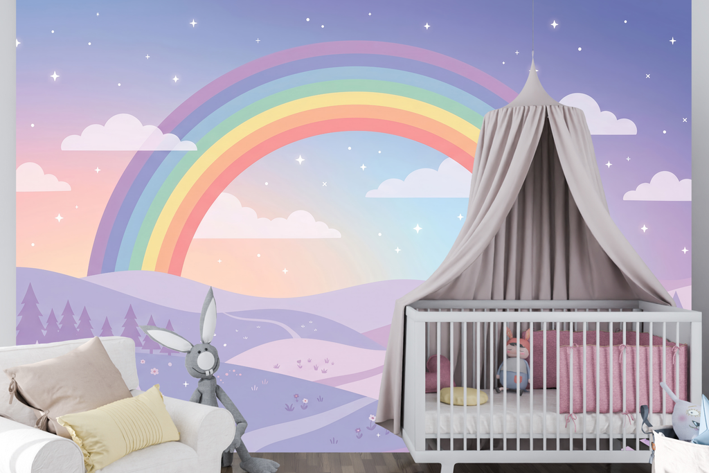 Pastel rainbow landscape mural in a dreamy magical baby nursery