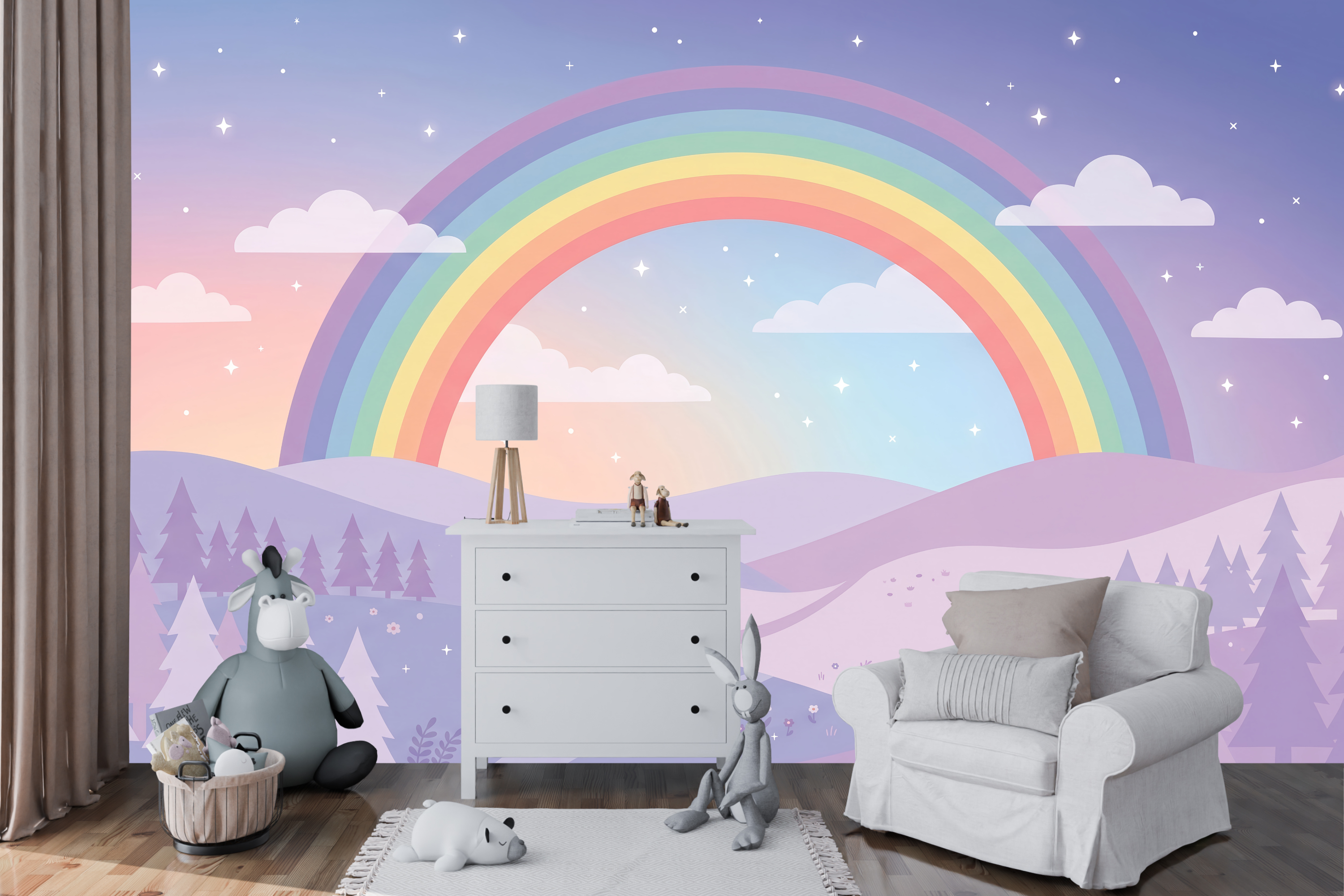 Dreamy twilight gradient sky and pine tree wall mural transforming a cozy reading corner