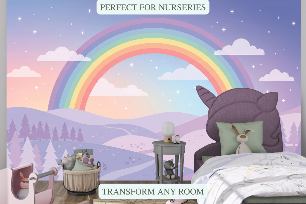 Starry sky and lavender rolling hills peel and stick wallpaper behind a child's bed