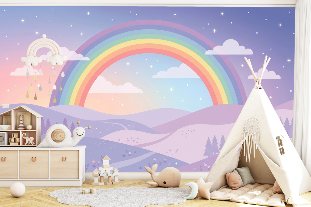 Joyful colorful rainbow wall mural creating a cheerful accent wall in a playroom
