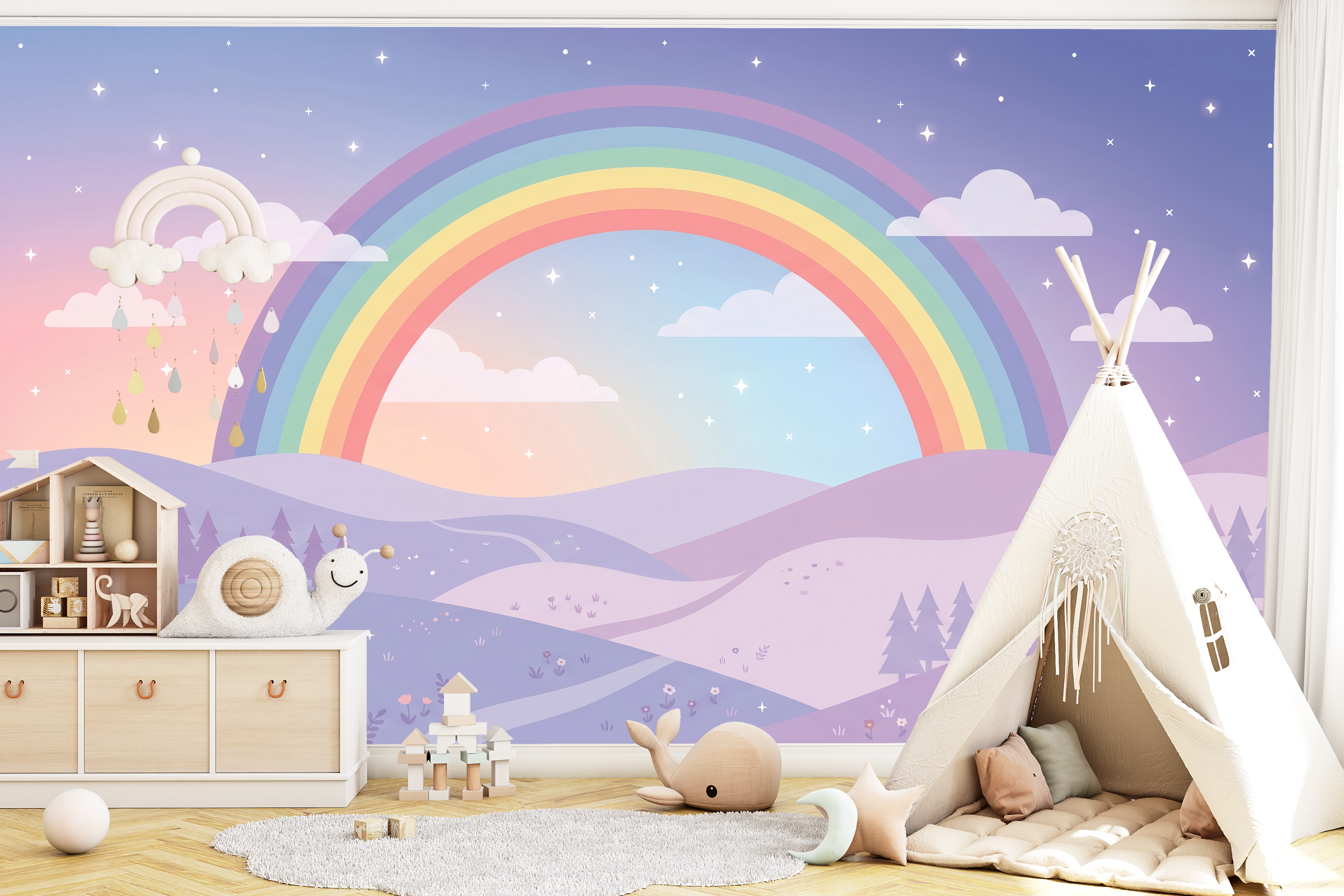 Joyful colorful rainbow wall mural creating a cheerful accent wall in a playroom