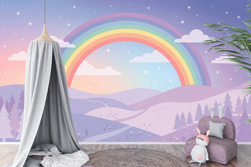 Pastel Rainbow & Starry Sky Wall Mural Dreamy Magical Landscape Nursery Wallpaper