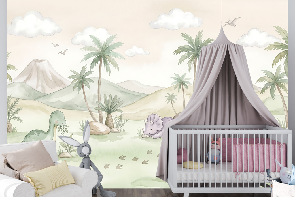 Soft pastel watercolor baby dinosaur mural in a sweet gentle nursery