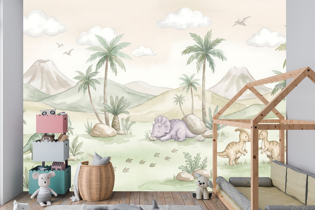 Pastel Watercolor Baby Dinosaur Wall Mural Sweet Prehistoric Nursery Wallpaper