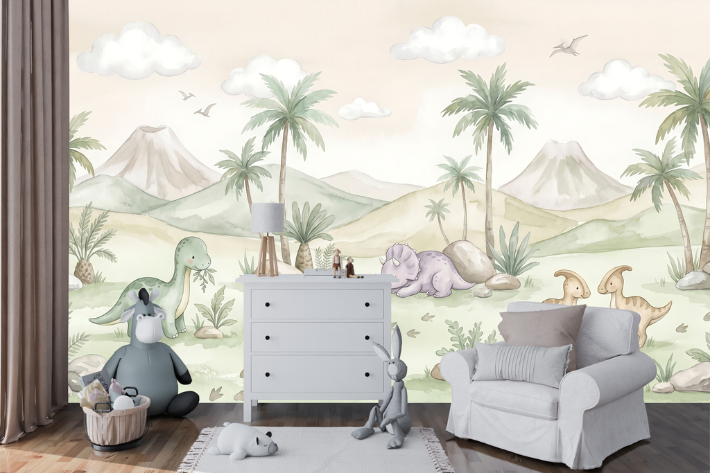 Gentle pastel volcano and fluffy cloud wall mural transforming a cozy reading corner
