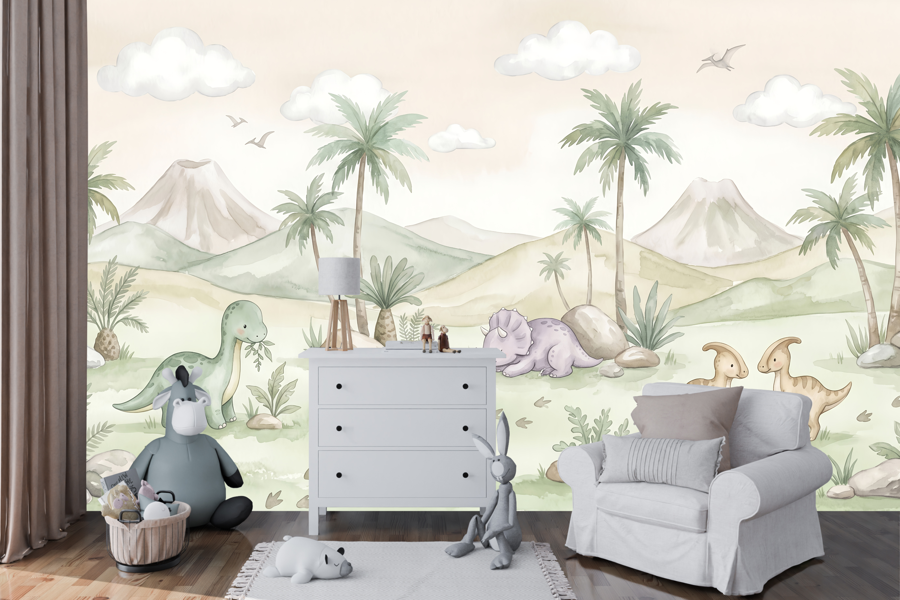 Gentle pastel volcano and fluffy cloud wall mural transforming a cozy reading corner