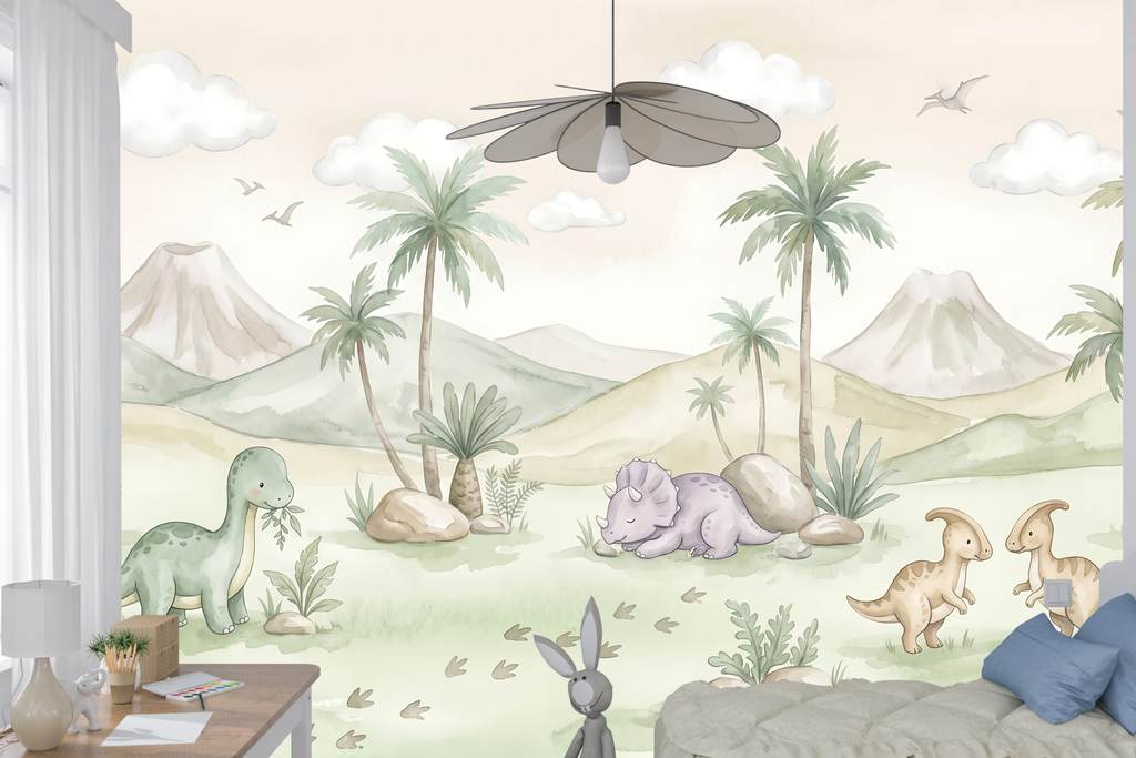 Friendly sleeping triceratops and palm tree peel and stick wallpaper behind a toddler bed