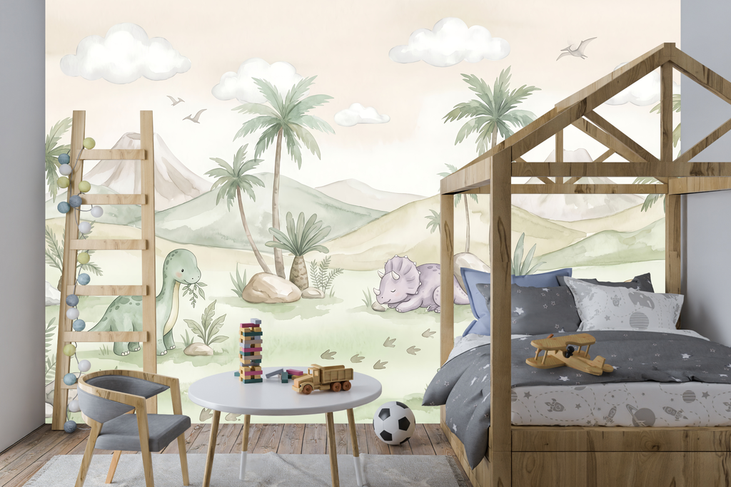 Pastel Watercolor Baby Dinosaur Wall Mural Sweet Prehistoric Nursery Wallpaper