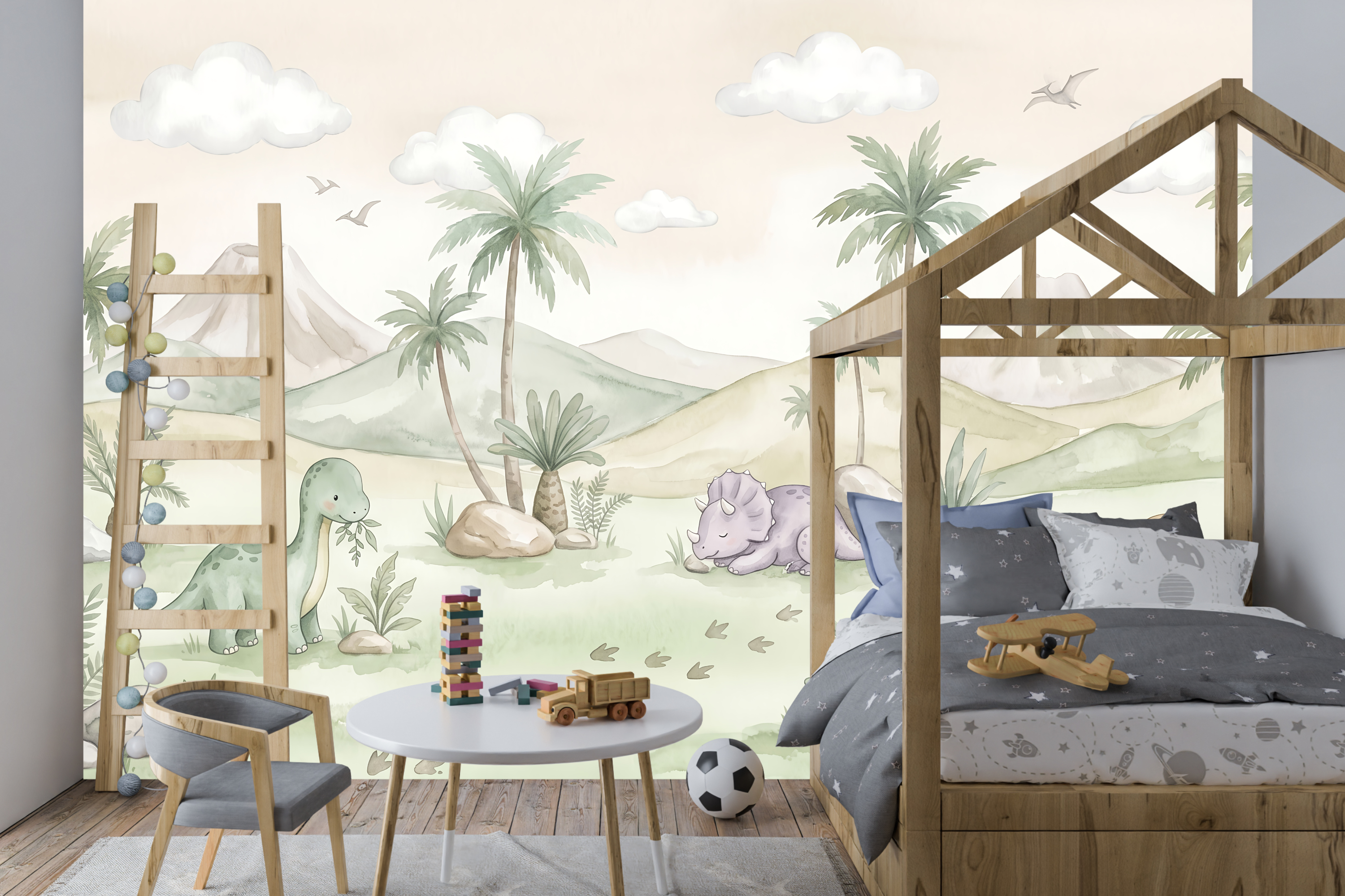 Pastel Watercolor Baby Dinosaur Wall Mural Sweet Prehistoric Nursery Wallpaper