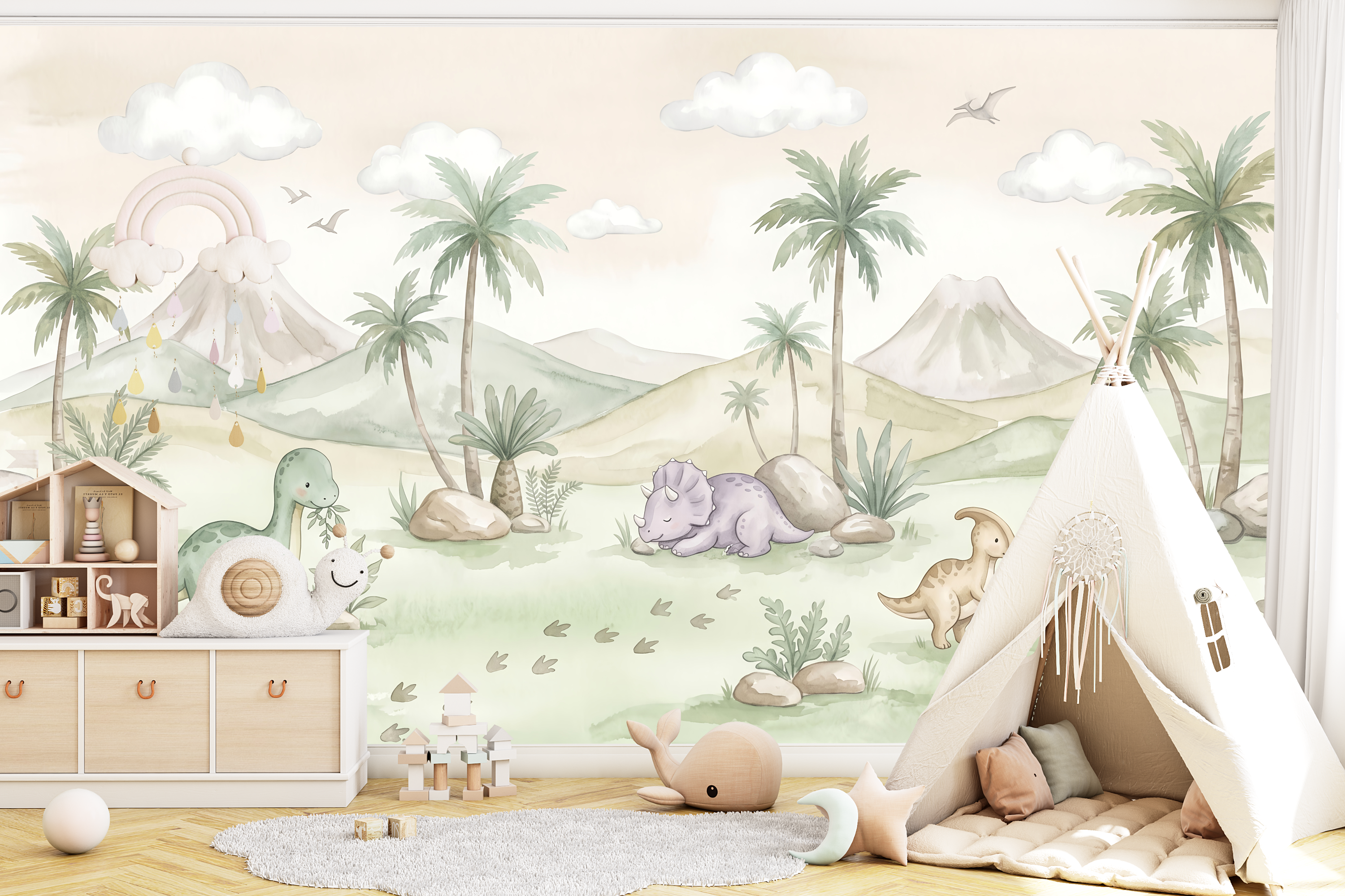 Joyful prehistoric landscape wall mural creating a calming accent wall in a playroom