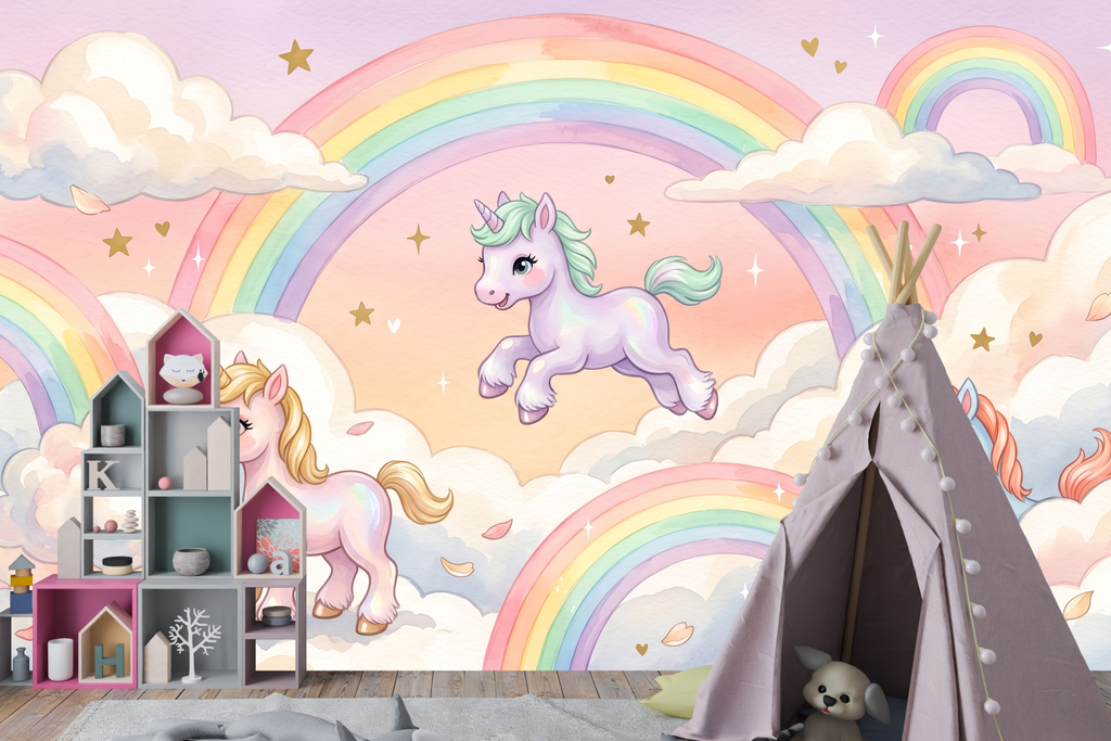 Joyful pastel fairy tale wall mural creating a magical accent wall in a playroom
