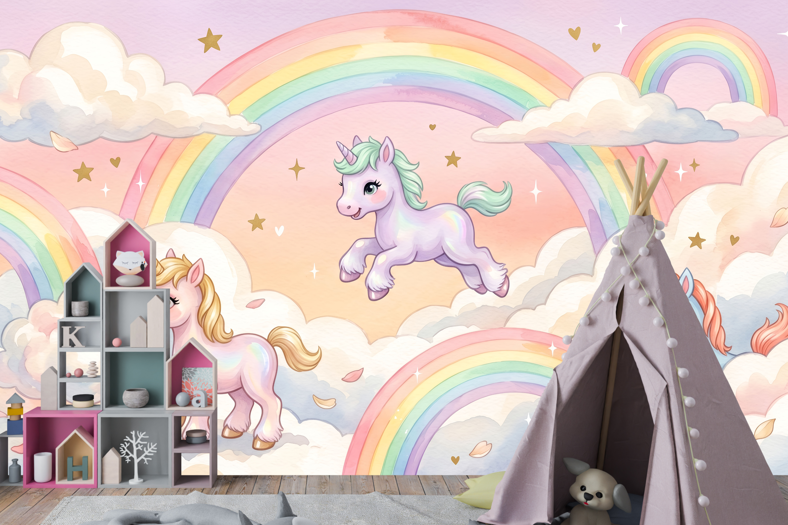 Joyful pastel fairy tale wall mural creating a magical accent wall in a playroom