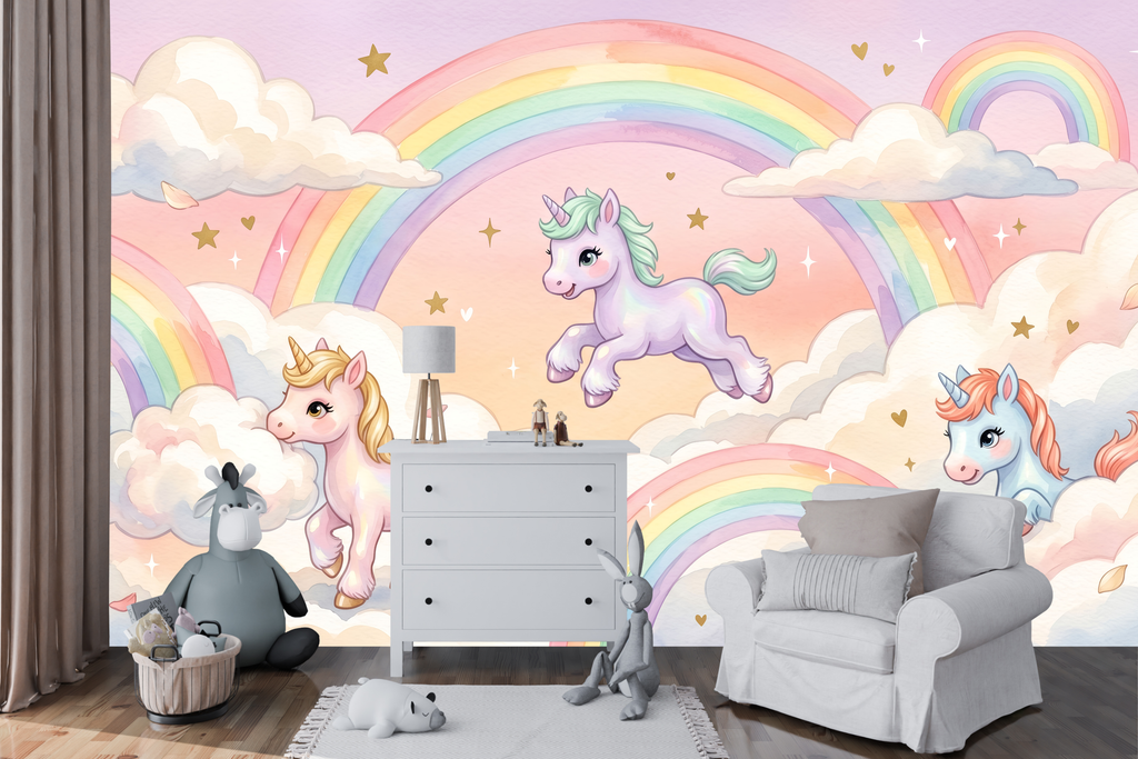 Dreamy pink cloud and unicorn peel and stick wall mural behind a little girl's bed
