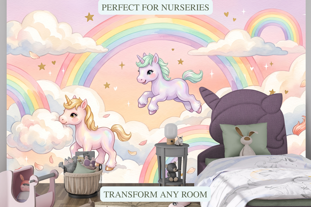 Pastel Watercolor Unicorn & Rainbow Wallpaper Magical Cloud Nursery Wall Mural