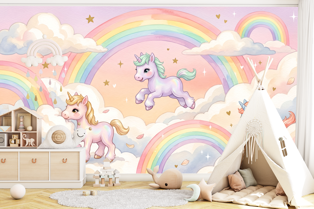 Pastel watercolor unicorn and rainbow wallpaper in a sweet magical nursery