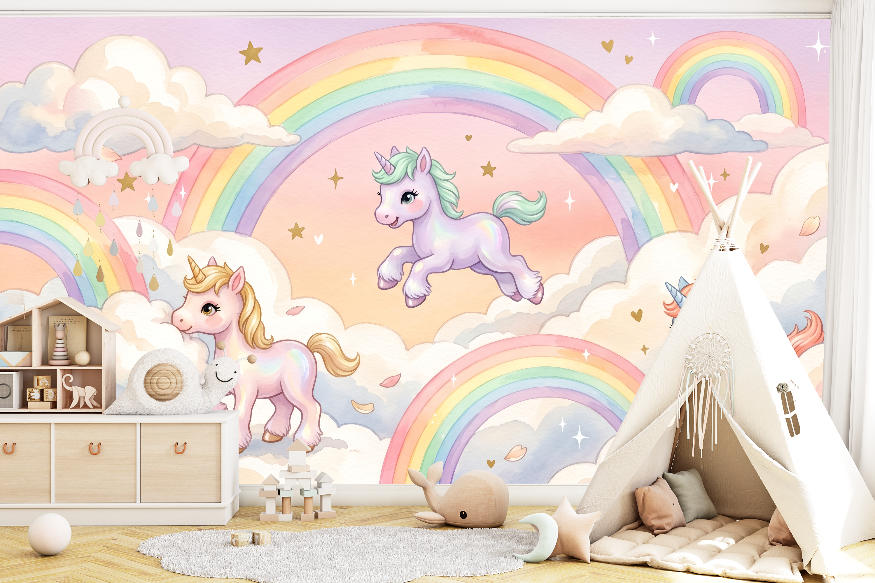 Pastel watercolor unicorn and rainbow wallpaper in a sweet magical nursery