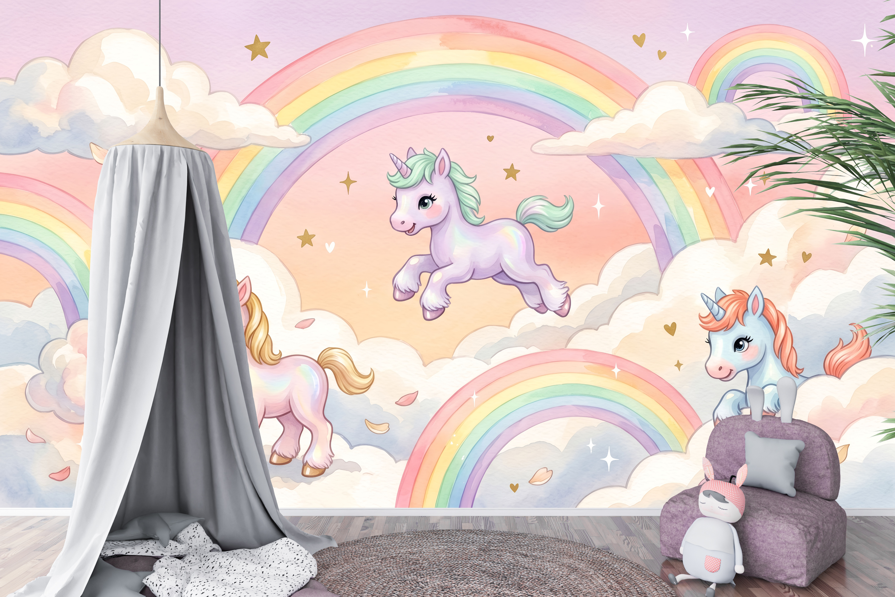 Pastel Watercolor Unicorn & Rainbow Wallpaper Magical Cloud Nursery Wall Mural